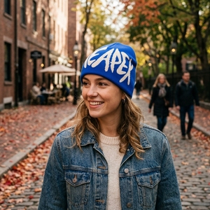 Royal Blue Cream Graphic Knit Beanie Hat Custom Logo Ribbed <b>Winter</b> <b>Cap</b> Unisex Streetwear Fashion Headwear Wholesale OEM Factory - Product Image 4