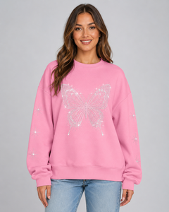 Sudadera Rosa Oversize para Mujer, Forrada para Invierno, Antiencogimiento, con Pedrería y Lentejuelas de Mariposa, Cuello Redondo, Hombros Caídos, Manga Regular - Product Image 1