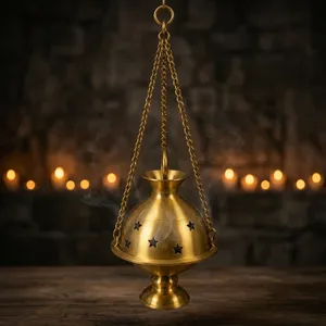 Quemador de Incienso Colgante de Latón Hecho a Mano con Diseño de Estrella Recortada, Incensario Decorativo de Metal con Cadena y Base de Pedestal para el Hogar - Product Image 3
