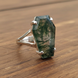 Nueva Llegada Anillo de Ataúd de Plata de Ley 925 Auténtica con Ágata Musgosa para Mujer, Joyería de Moda Bohemia, Joyería para la Ansiedad, Fabricación India - Product Image 2