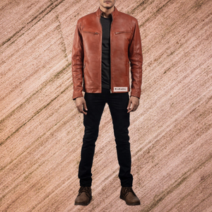 แจ็กเก็ตหนังแท้สำหรับผู้ชายแบบดั้งเดิมคลาสสิกดั้งเดิมรถจักรยานยนต์ที่ทันสมัยกันน้ำพร้อมคอตั้งสีแทน - Product Image 6