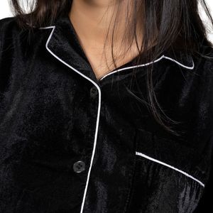 Conjunto de Pijama de Terciopelo Negro para Mujer, Manga Larga, Camisa con Botones, Pantalones a Juego con Ribete Blanco en Contraste, Ropa de Dormir Suave y Lujosa, Personalizable OEM - Product Image 4
