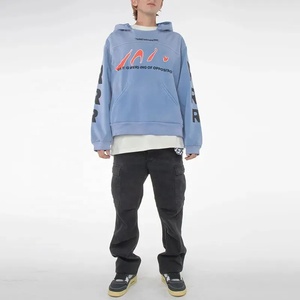 Sweat à capuche oversize en molleton de coton style hip-hop coréen, avec broderie et impression graphique personnalisée, effet délavé, coupe ample et épaules tombantes - Product Image 2