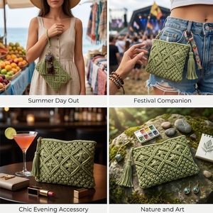 Bolso de Mano de Macramé Hecho a Mano, Estilo Moderno, con Detalles de Borlas, Bolso de Playa de Verano para Mujer - Product Image 2