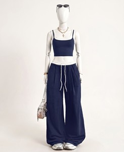 Ensemble 2 pièces pour femmes, col carré, haut court, pantalon large, coupe décontractée, 100% coton, printemps été, couleur unie, tenue tricotée - Product Image 2