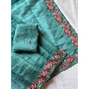 ผ้าไหมครัชสีฟ้าอมเขียวลายดอกไม้หลากสี ปักลายดีไซเนอร์ น้ำหนัก 490 กรัม สำหรับชุดราตรี - Product Image 5