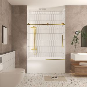 Frameless 60\"W X 60\"H Tempered Glass Shower Door <b>Explosion</b>-Proof Film Brushed Gold Stainless Steel Handle 1/4\" (6mm) Clear - Product Image 2