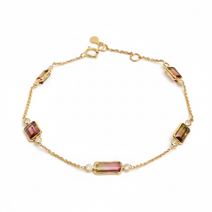Natural Bicolor Watermelon Tourmaline and Diamond Station <b>Bracelet</b> in Solid 18K Yellow Gold – Emerald Cut <b>Gemstone</b> Link Chain - Product Image 1