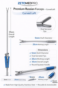 Pinzas Rusas Premium Curvas Izquierdas, Eje de 5mm, Puntas Ovaladas Dentadas, 25cm de Longitud de Trabajo, 35cm de Longitud Total – ZETOMEDPRO - Product Image 4
