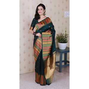 Sari de Seda Suave Verde Botella Elite Weaves con Bordado Meenakari y Zari, con Borde de Templo, Vestidos Elegantes de Noche, 650g - Product Image 6