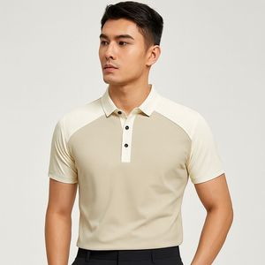 เสื้อโปโลแขนสั้นสีเบจสำหรับผู้ชาย ผ้าถักสีพื้น สวมใส่สบาย ระบายอากาศได้ดี - Product Image 5