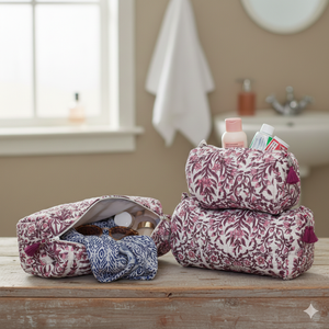 Premium Eco-Friendly Quilted <b>Case</b> Set of Three Cosmetic and for Bags with Tassel Handle for <b>Travel</b> Organizer - Product Image 1