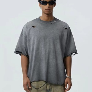 Nueva Camiseta Oversize de Hombre Estilo Streetwear con Hombros Caídos, Lavado Ácido, Vintage, Desgastada, de Corte Holgado, Manga Corta y Cuello Simulado - Product Image 1