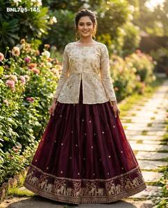 Best Quality Fancy <b>Silk</b> with Pipe-Zari Embroidered Butti & Border work Lehenga & White Front-Slit Short <b>Kurta</b> Set Woman Fashion - Product Image 2