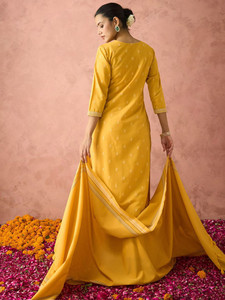 Traditional Indian Pakistani <b>Women</b> Cotton Straight <b>Suit</b> Set Yellow Embroidery Knee-Length Casual Wear Regular Fit Diwali <b>Wedding</b> - Product Image 5