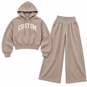 Ensemble de survêtement femme taupe, sweat à capuche court oversize et pantalon large taille en V, ensemble de détente, fournisseur de vêtements en gros OEM à marque privée personnalisée - Product Image 3
