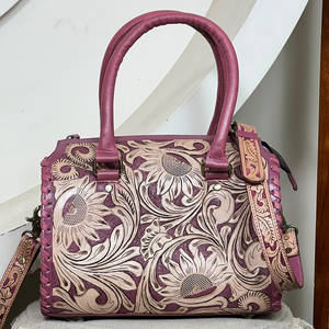 New <b>Hot</b> Selling Handcrafted Floral Tooled Leather Travel Duffel <b>Bags</b> Trending <b>Pink</b> Leather Crossbody Gym Travel Weekender <b>Bags</b> - Product Image 2