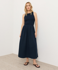 Robe smockée pour femme, longueur midi, de haute qualité, en gaze double biologique, avec col rond et poches - Product Image 2