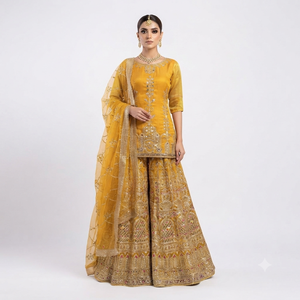Salwar Kameez de Seda Amarillo Bordado, Vestido de Novia Tradicional para Mujer, Largo hasta el Suelo, Listo para Usar, Estilo India Pakistán - Product Image 4
