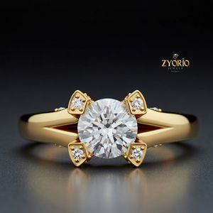Anillo de Compromiso Solitario con Corte Redondo, Oro de 10K, Anillo con Acento de Diamante Geométrico, Joyería Nupcial - Product Image 3