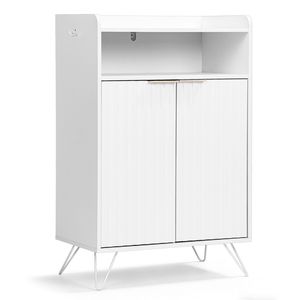 Scarpiera in stile rustico con pannello a griglia, due ante, parte superiore aperta, due ganci, corpo in truciolato e anta in MDF termoformato - Product Image 3