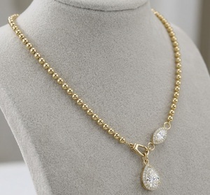 Collier chaîne à billes en or 14K avec pendentif goutte taille poire et halo marquise, chaîne à perles, collier pendentif tendance - Product Image 6