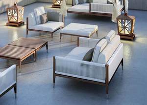 ROSF-011 Modern Coastal Outdoor <b>Sofa</b> Set With Canopy White Cushions <b>Waterproof</b> Wood Frame Garden Lounge Furniture - Product Image 3