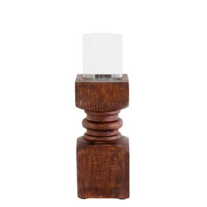 Élégant porte-bougie cylindrique en verre sur plateforme en bois superposée, accent décoratif rustique et moderne - Product Image 5