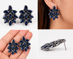 Multi Stone <b>Stud</b> <b>Earrings</b> Cluster Statement <b>Earrings</b> Antique <b>Silver</b> Tone Boho Jewelry for Women - Product Image 2