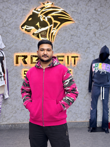 Sudadera con Capucha y Cremallera para Hombre, Color Rosa Camuflaje, Estilo Casual Oversize, Tejido French Terry, Corte Ajustado, para Otoño - Product Image 1