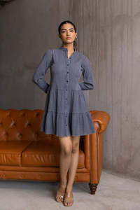 Vestido Camisero a Rayas con Cuello Alto y Dobladillo Escalonado, Vestido Casual Mini de Manga Larga para Otoño, Tejido de Viscosa y Algodón, Estilo Transpirable - Product Image 4