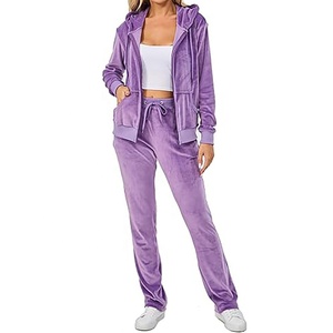 Conjunto de 2 piezas de entrenamiento femenino con logotipo personalizado Conjunto de dos piezas de gran tamaño personalizado Chándales de terciopelo para mujer Chándales con cremallera - Product Image 1