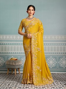 Blusa Moderna Premium con Bordado Floral Amarillo Sol, Elegante Traje Festivo Indio, Saree de Organza Suave para Fiestas de Invierno y Verano - Product Image 1