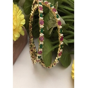 Stylish <b>Gold</b> Plated Brass <b>Bangle</b> Bracelets <b>Set</b> with Moissanite Stones Trendy Style for Women Wedding Party Gift Jewelry - Product Image 1