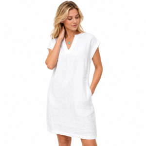 Robe midi décontractée d'été en lin et coton blanc, à manches courtes, col en V, coupe trapèze, respirante - Product Image 3