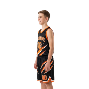 Conjunto de Uniforme de Baloncesto Personalizado para Hombre, Negro y Naranja, Jersey sin Mangas con Cuello en V, Pantalones Cortos con Estampado de Garra, Números de Equipo, Venta al Por Mayor - Product Image 5