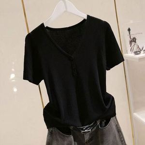 Camiseta de punto para mujer, cuello en V, manga corta, transpirable, con decoración plisada, color sólido, corte holgado, estilo casual, para primavera y verano - Product Image 1