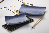 Assiette rectangulaire profonde en mélamine bleue mouchetée pour brochettes de barbecue, style japonais Yakitori, vente en gros, logo personnalisé, OEM