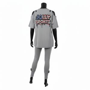 Conjunto de camiseta y leggings grises para mujer, premium, 180 GSM, algodón, poliéster, spandex, con estampado de logotipo personalizado, ajuste suave. - Product Image 2