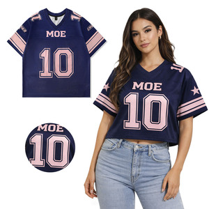 Maillot de football américain streetwear Iced Out bleu rose court en mesh col en V rétro universitaire pour femme streetwear Y2K Hip Hop ODM - Product Image 1