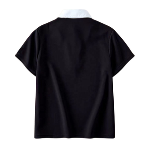 เสื้อเชิ้ตผู้ชายสีดำล้วน แต่งปกสีขาว ทรงเข้ารูป สไตล์ลำลอง สตรีทแวร์ แขนสั้น ผ้าถักปักลาย - Product Image 2