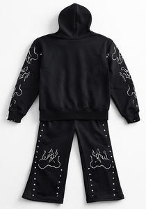 Conjunto de chándal de dos piezas para hombre, personalizado, negro, con pedrería, transpirable, informal, de invierno, con sudadera con capucha de cremallera completa y pantalones de chándal de pierna ancha - Product Image 5