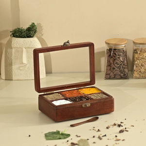Caja de Especias de Madera de Alta Calidad, Artesanal, Cuadrada, con 6 Compartimentos, Tapa Acrílica, para Cocina - Product Image 1