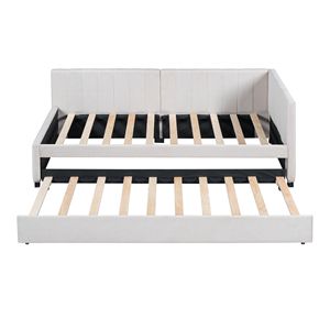 Divano letto imbottito in tessuto di lino beige con letto estraibile, misura singola, senza bisogno di rete a molle - Product Image 3