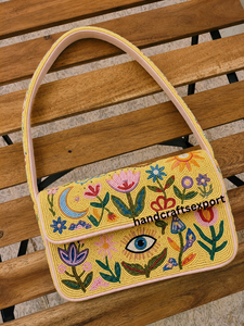 Bolso de Hombro Bohemio con Bordado de Cuentas y Diseño Floral para Mujer, Correa Única, Hecho a Mano, Ecológico, Amarillo - Product Image 1