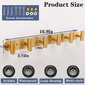 Porte-manteau mural moderne avec barre de suspension longue, finition blanche et crochets en laiton doré brossé pour entrée - Product Image 4