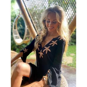 Vestido de playa negro con cuello en V para mujer, con bordado de estrellas de mar, elegante, con mangas, para verano, ropa de resort, pareo. - Product Image 4