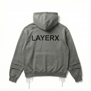Heavyweight 400 GSM Cotton Fleece Acid Wash Streetwear Oversized <b>Crop</b> <b>Zip</b>-<b>Up</b> Hoodie Rhinestone 3D Embossed Distressed Pullover - Product Image 2