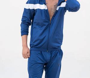 Ensemble de survêtement pour homme bleu à blocs de couleur, veste zippée à col montant et pantalon de jogging, streetwear, vêtements de sport - Product Image 4
