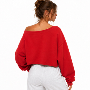 Sweat-shirt court oversize pour femme, coupe épaules dénudées, effet usé, broderie lettres, 380 GSM - Product Image 2